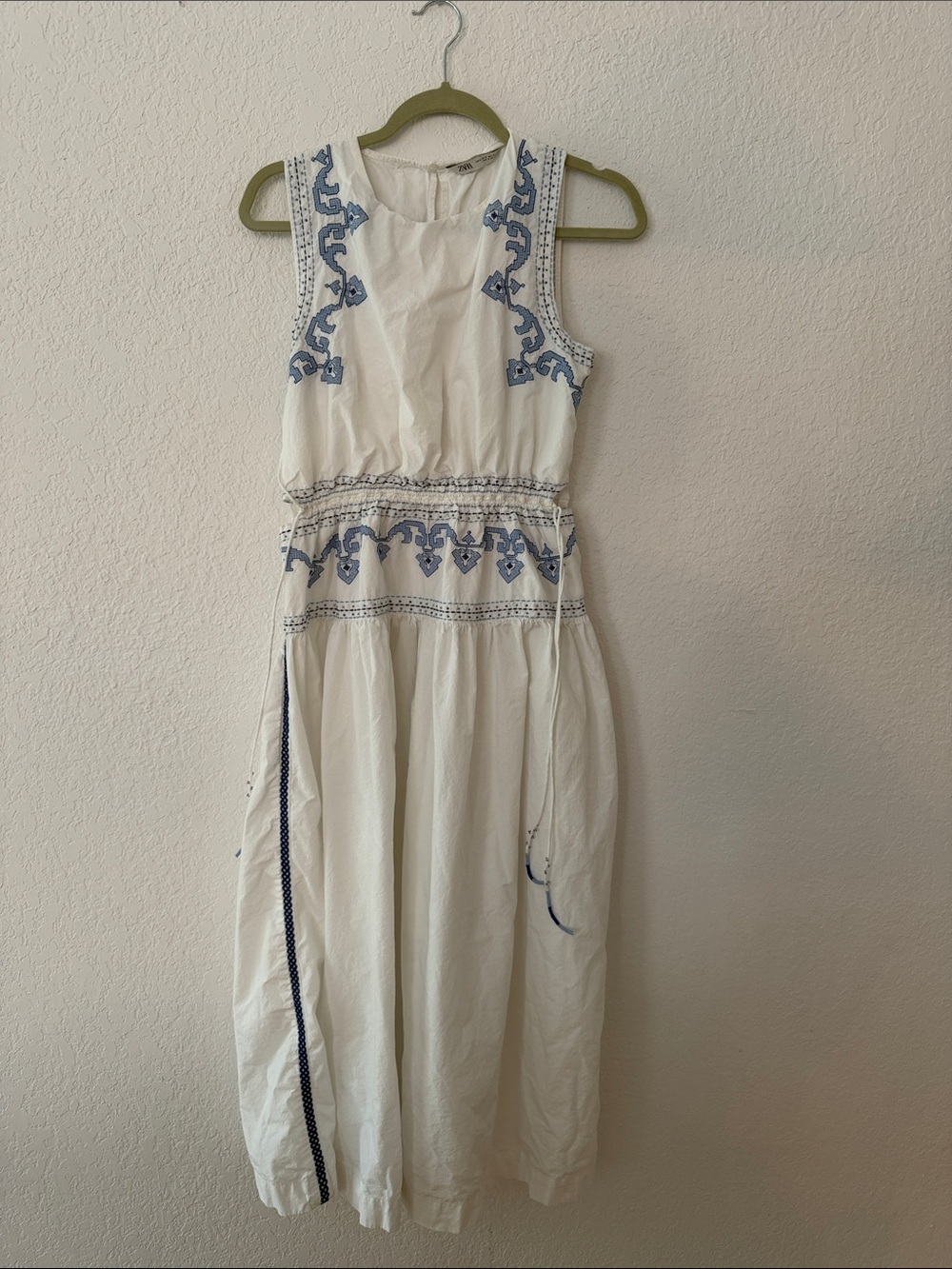 Zara White Maxi Dress with Blue Embroidered Detail